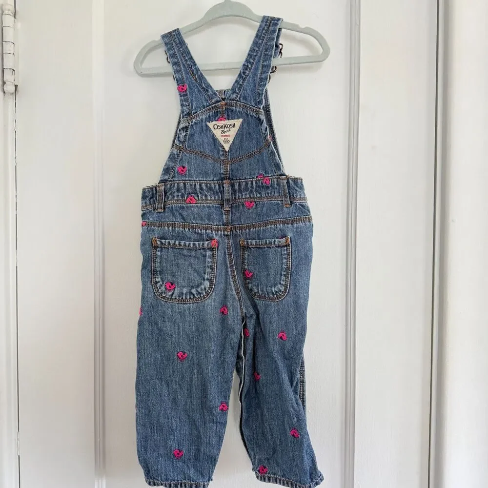OshKosh B'gosh Baby Denim Overalls Embroidered Pink Birds Size 12m